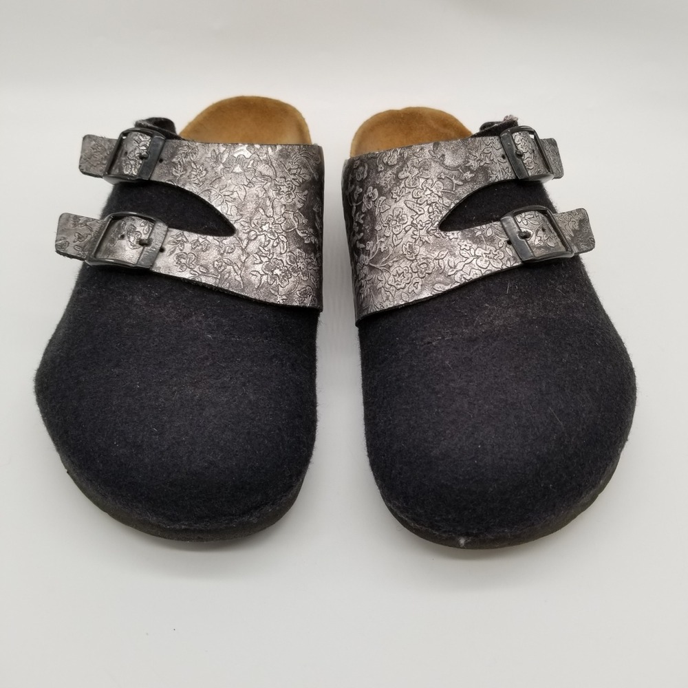 Papillio Birkenstock Clogs Womens 39 Black Silver Floral Wool Felt Buckle Boston - Picture 2 of 7
